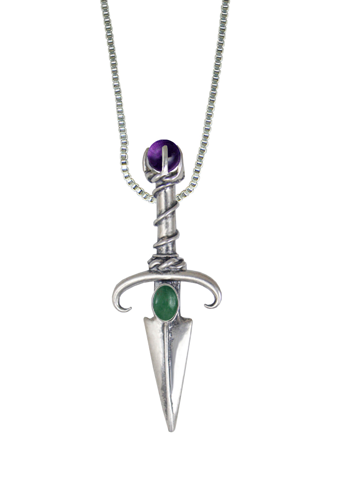 Sterling Silver Black Prince's Knife Dagger Pendant With Jade And Amethyst